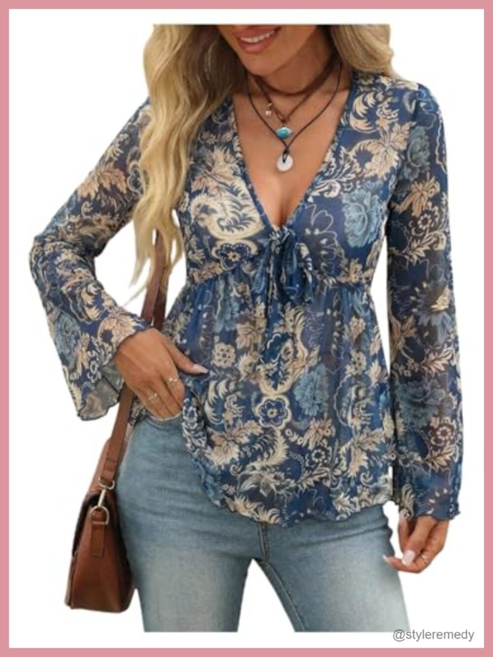 Boho Paisley Mesh Bell Sleeve Peplum Top Floral Print V-Neck Blouse